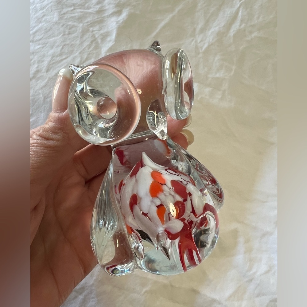 Art Glass Owl Figurine Paperweight Clear Orange White Spotted Chest | Handblown - Picture 1 of 8
